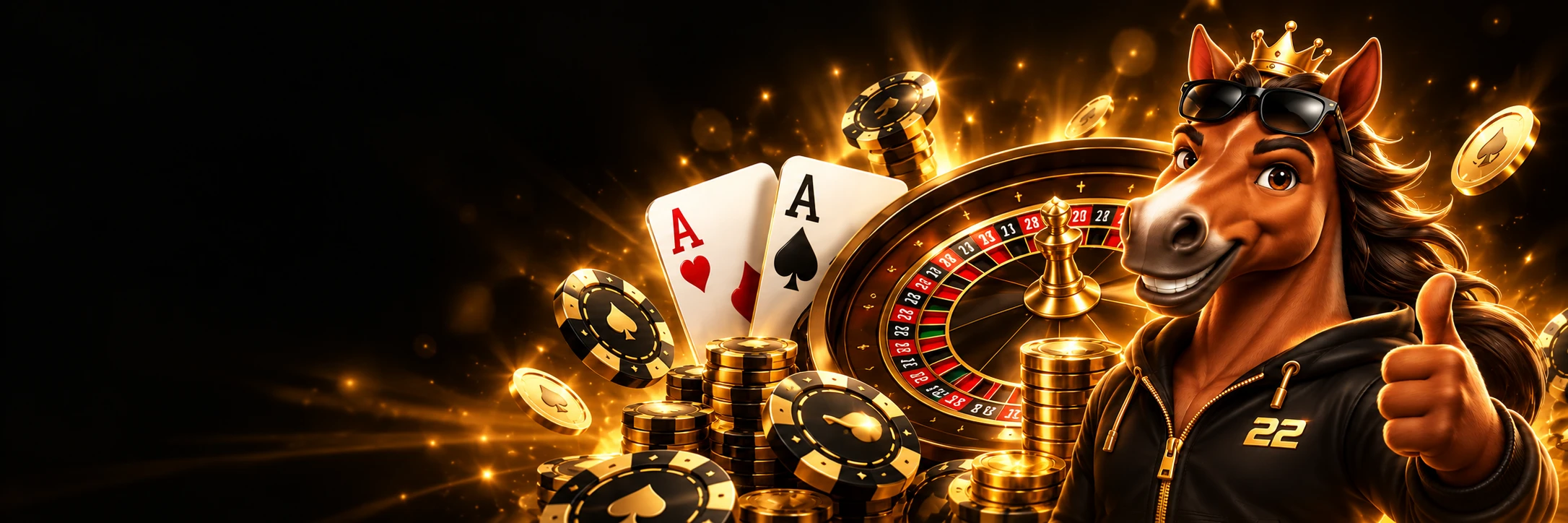 戴金色皇冠的22PLAY骏马与皇家轮盘、扑克牌及金币
